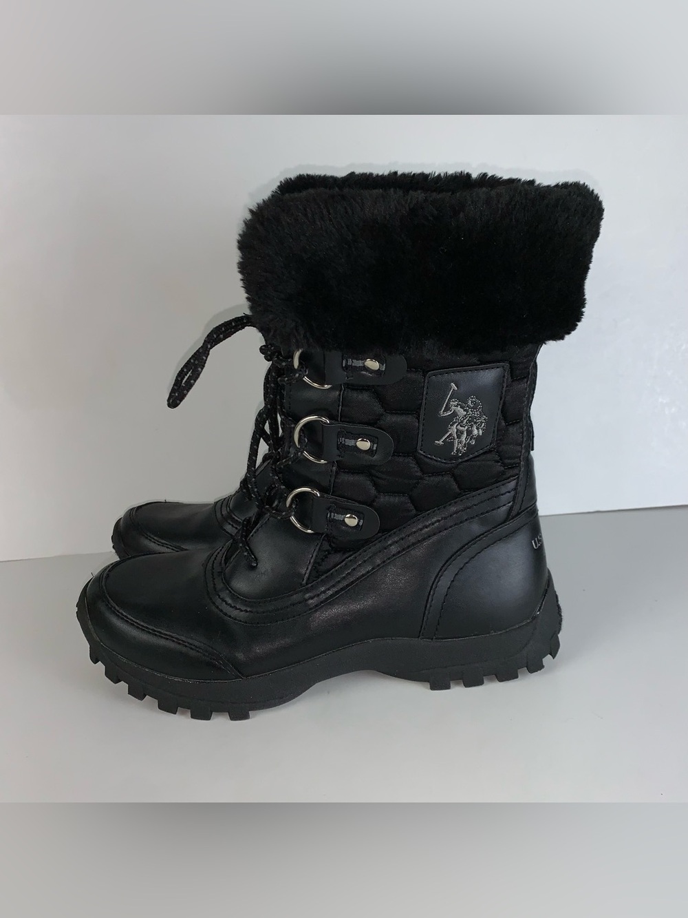 Women's U.S. Polo Assn. Lace Up Boots with Faux Fur Trim - Size 7.5M black